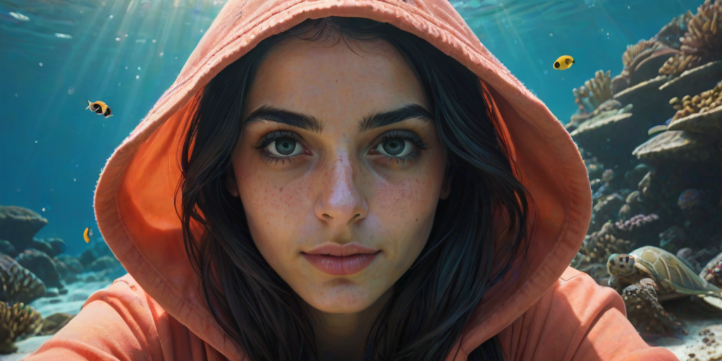 Realistic selfie image of a Middle Eastern, wearing a vintage outfit, detailed dreamy eyes, droopy hooded eyes, staring at the camera, taken underwater at coral reef with a sunbeam filtering through the water, vibrant, summer vacation, natural lighting, turtle and school of tropical fish with vibrant colors, rendered in the style of CryEngine, Pegi Nicol MacLeod, with realistic genre scenes, hauntingly beautiful narratives, ultra-realism, and Thomas Saliot's close-up technique, 8K resolution, crystal clear and sparkling water.