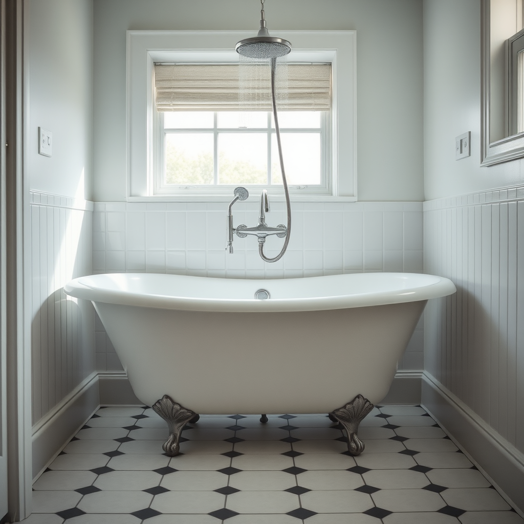 Create a high-resolution image of a vintage freestanding bathtub with a shower head above it, captured with a Canon EOS R5, 50mm lens, f/2.8 aperture, ISO 100, soft lighting from a nearby window, and a slight overexposure for a bright and airy feel.