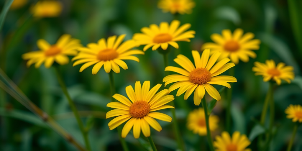 Create a high-resolution image of bright yellow daisies in a lush green background, shot with a Nikon D850, 50mm f/1.8 lens, aperture f/2.8, ISO 100, macro view, natural lighting, soft focus background.