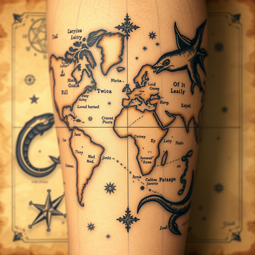 Vintage map tattoo featuring aged parchment texture, intricate cartography details, and mythical sea creatures, rendered in sepia tones with subtle color accents for an authentic explorer aesthetic