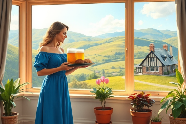 In "A Glass of Beer on the Highland," a serene scene is depicted in a sunlit room where a woman in a vibrant blue dress stands by a large window. She holds a tray with a hearty meal and a frothy glass of beer, embodying a moment of relaxation. Outside, the breathtaking highland landscape features rolling green hills and a charming traditional house, all bathed in warm afternoon light. The interior is adorned with potted plants, creating a harmonious blend of comfort and nature. The painting beautifully captures the tranquility and joy found in simple pleasures amidst stunning scenery