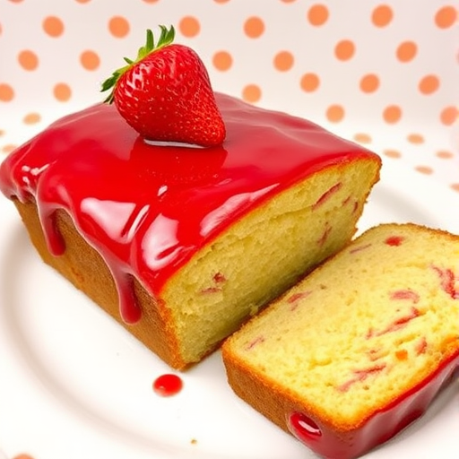 A beautifully presented loaf cake topped with a glossy strawberry glaze garnished with a fresh strawberry, sliced to reveal its moist interior, displayed on a simple white plate against a polka dot background.