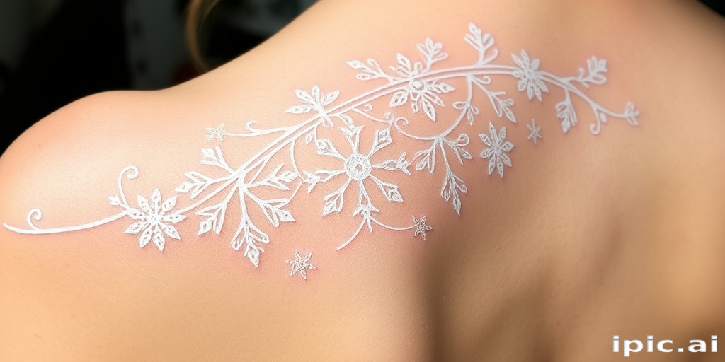 White ink tattoo known as "Ethereal Lace" featuring delicate, intricate patterns resembling fine lace or snowflakes, ideal for those seeking a subtle and elegant tattoo option