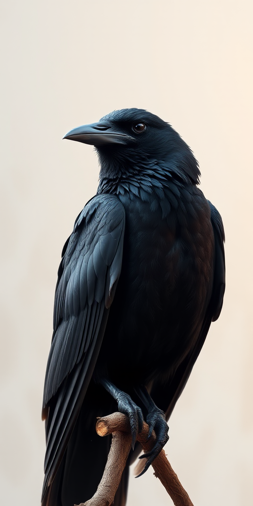 Create a highly detailed illustration of a raven perched gracefully, using a 50mm lens, aperture f/1.8, ISO 200, soft natural lighting, and a shallow depth of field to enhance the background blur, in a close-up view on a matte textured background.