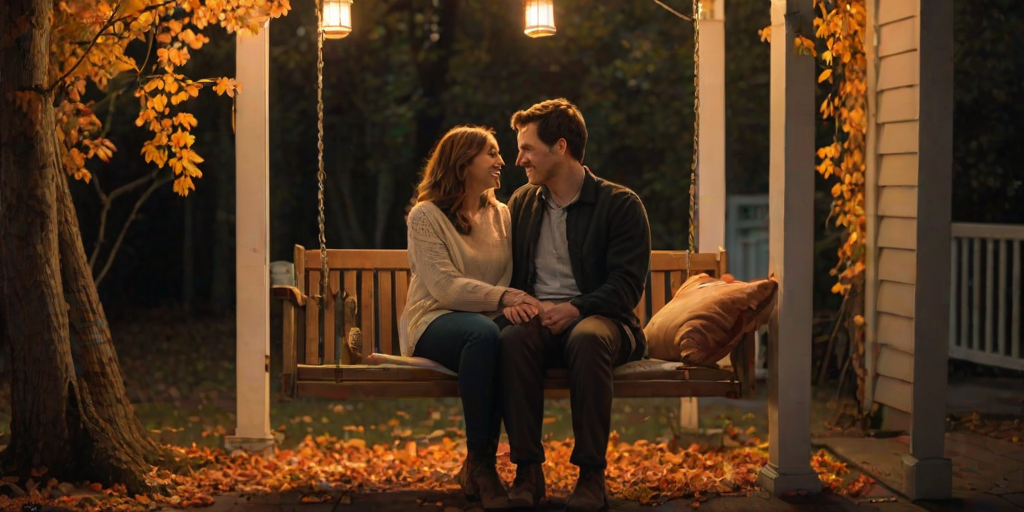 Softly lit image of a couple sitting on a porch swing at twilight, soft golden light from nearby lanterns illuminating their faces, with vibrant autumn leaves scattered on the ground and a faint breeze in the air.