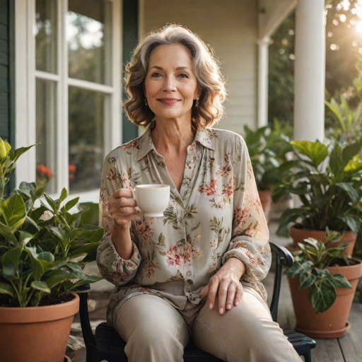 Warmly lit photo of a woman in her 50s, casually dressed in a stylish blouse, sitting on her porch surrounded by potted plants, sipping tea and enjoying a peaceful afternoon.
