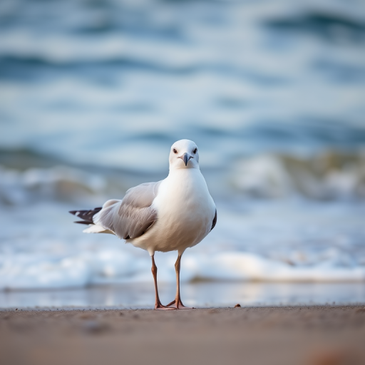 A close-up of a seagull standing on the shore, with soft waves in the background, captured with a Canon EOS 5D Mark IV using a 50mm lens, aperture f/2.8, ISO 100, shutter speed 1/400s, natural light, shallow depth of field for a blurred background.