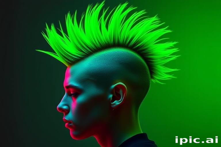 Edgy neon green mohawk christened "Toxic Surge" standing tall with razor-sharp edges, fading into darker emerald roots and accented with UV-reactive hair dye