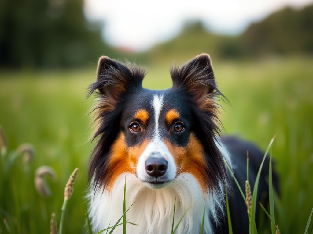 Shetland Sheepdog in a lush green field, soft focus background, natural light, aperture f/2.8, shutter speed 1/500 sec, ISO 200, portrait mode, DSLR camera.
