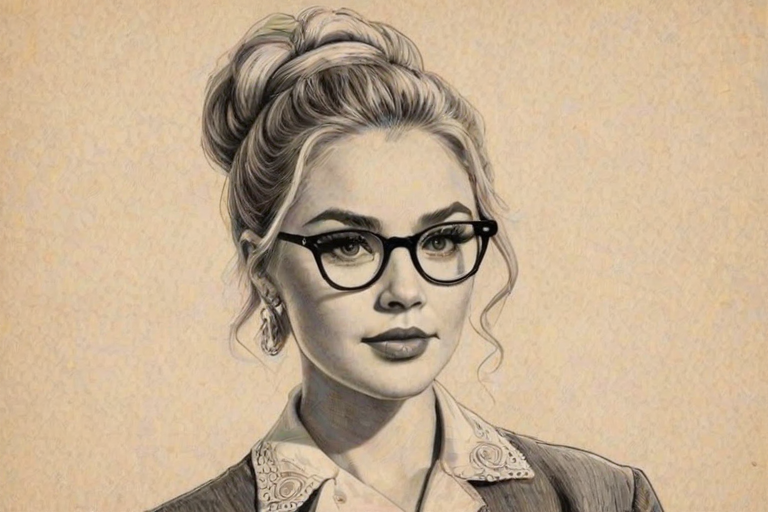 Attractive Natalie Alyn Lind, pencil sketch, portrait of Bewitching woman 1950s in glasses, hair style beatnik, outline, clear lines, fine lines, 8k