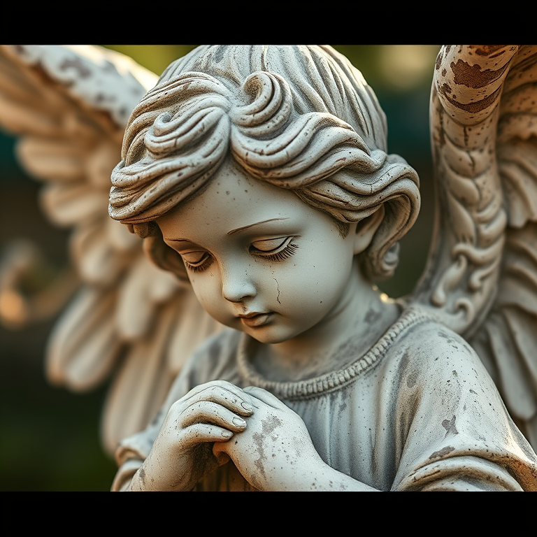 Create a high-resolution close-up image of a weathered angel statue with intricate details, using a Canon EOS R5, 50mm lens, f/1.8 aperture, ISO 100, with soft natural lighting and a shallow depth of field to emphasize texture and depth.