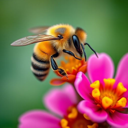 macro photograph of a bee on a vibrant flower, shallow depth of field, 50mm lens, aperture f/2.8, ISO 200, natural lighting, focus on bee with blurred background