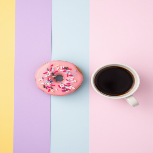 Create a flat lay composition of a pink frosted donut with sprinkles next to a white cup of black coffee, set against a vibrant background divided into four pastel colors (yellow, purple, light blue, and light purple), using a DSLR camera at f/4, ISO 100, 50mm lens, soft lighting for enhanced clarity.