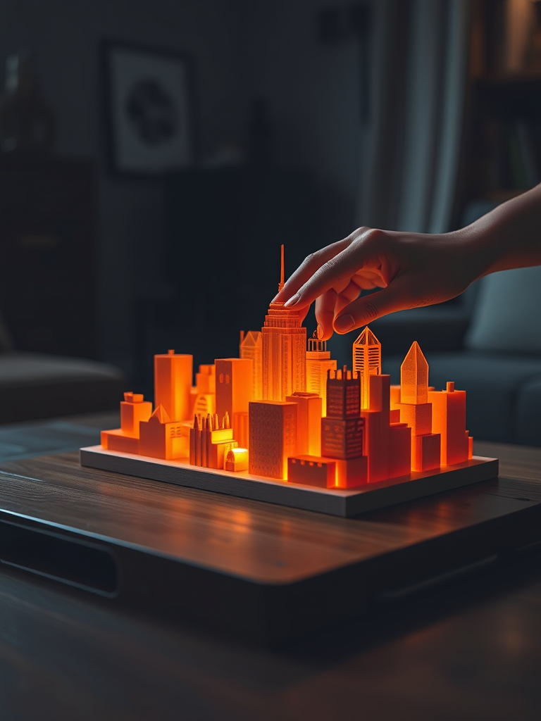 Imagine a cozy, dimly lit room with a wooden table featuring a glowing, intricate 3D model of a city skyline made of translucent orange geometric shapes, with a person's hand delicately adjusting one piece, using a DSLR camera set to f/2.8 aperture, ISO 100, 50mm focal length, and a warm, soft focus to enhance details and depth of field.
