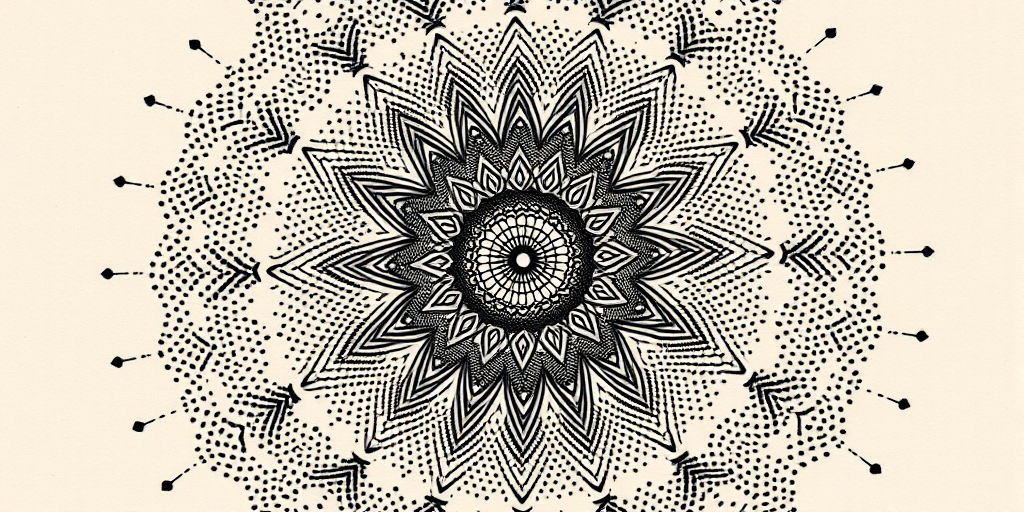 Dotwork mandala tattoo called "Cosmic Symmetry" featuring intricate patterns radiating from a central point with gradual shading created by thousands of precisely placed dots forming a mesmerizing circular design