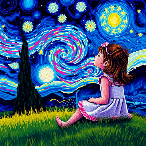 A young girl sitting on a grassy hill, looking up at the starry night sky painted in the style of Vincent Van Gogh's famous "Starry Night". The entire image is composed of tiny dots, giving it a dreamlike and illusionary quality. The girl is surrounded by vibrant colors and swirls in the sky, with stars twinkling above her