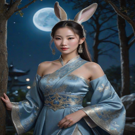 The photorealistic artwork portrays an anthropomorphic rabbit woman in traditional East Asian attire, set against a mystical, moonlit night scene.  Her rabbit features, including long ears and a soft snout, are highlighted by the delicate features of her fur-covered face.  She wears a flowing, off-the-shoulder gown in shades of blue and silver, adorned with intricate golden embellishments