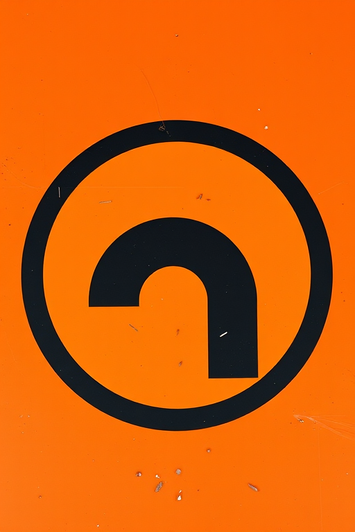 create an image of a large black U-turn arrow on a vibrant orange background, shot with a DSLR camera at f/8, ISO 100, 1/200 sec, top-down view for clarity and sharpness
