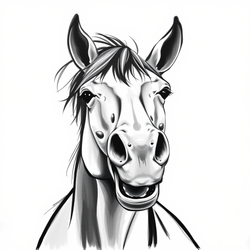 Abstract black and white acrylic portrait of an over exaggerated laughing (horse). Minimalism style. White background.