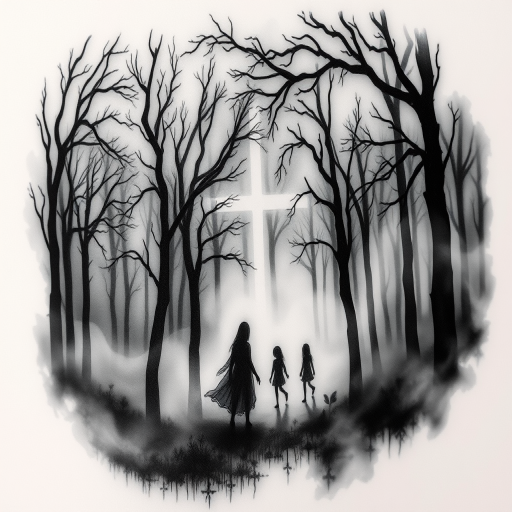 Atmospheric black and gray tattoo called "Misty Reverie" depicting a ethereal forest scene with ghostly figures and swirling mist, utilizing soft gradients and negative space for a haunting effect