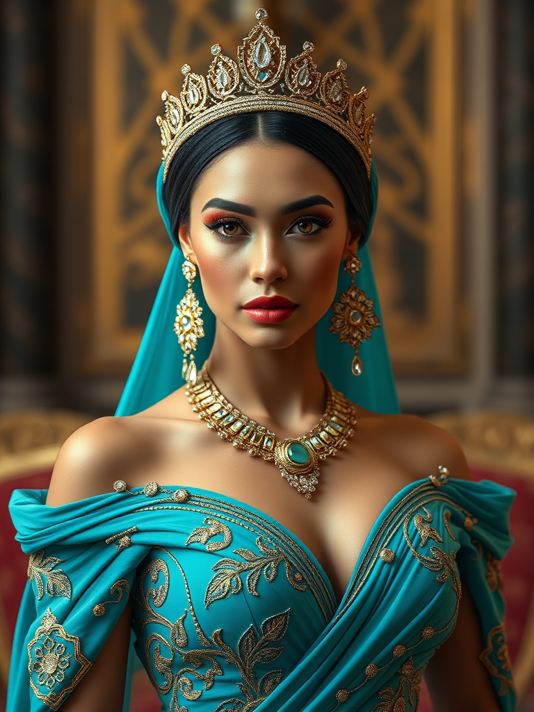 A gorgeous Coptic woman in a luxurious cyan gown, accessorized with a dazzling tiara and statement earrings, her deep Yellow eyes highlighted by impeccable makeup, poised in a royal setting, photorealistic, 8K quality