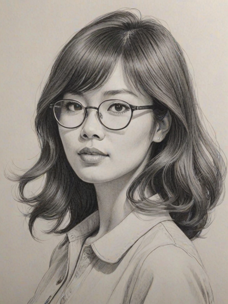 Charming Cathy Ang, pencil sketch, portrait of Comely woman 1965s in glasses, hair style beatnik, outline, clear lines, fine lines, 8k
