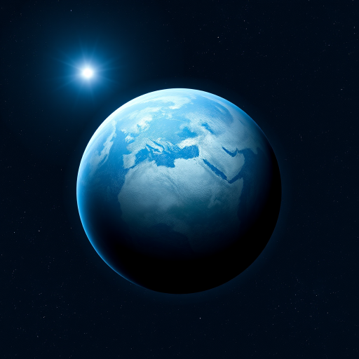 create a detailed depiction of a blue planet in space with a star shining in the background and a dark starry sky surrounding it, highlighting surface textures and craters on the planet