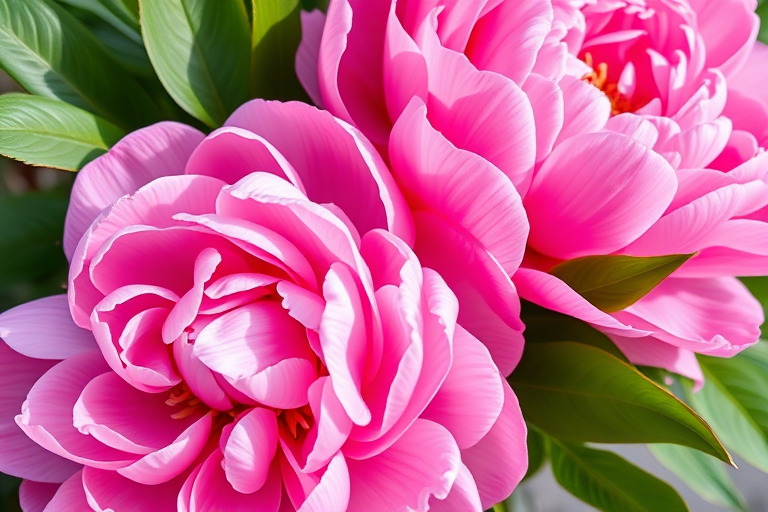 Create a highly detailed illustration of three pink peonies with lush green leaves, shot in macro view using a DSLR camera at f/2.8 aperture, ISO 100, 50mm lens, with soft natural lighting to enhance vibrancy and texture.