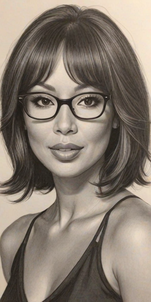 Beauteous Cheryl Burke, pencil sketch, portrait of Enticing woman 1968s in glasses, hair style beatnik, outline, clear lines, fine lines, 8k