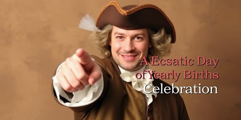 Create an image of a historical figure dressed in 18th century attire with a playful expression pointing towards the viewer. The background should be a warm, muted color to give an inviting feel. Overlay the text "Have Thineself A Ecstatic Day of Yearly Birth Celebration" in a bold, easy-to-read font.