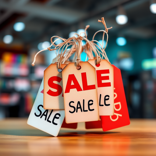 Create an image of sale tags displayed in a dynamic arrangement, using a 50mm lens, f/2.8 aperture, ISO 100, with a shallow depth of field and a vibrant background, captured using a DSLR camera in a studio setting.
