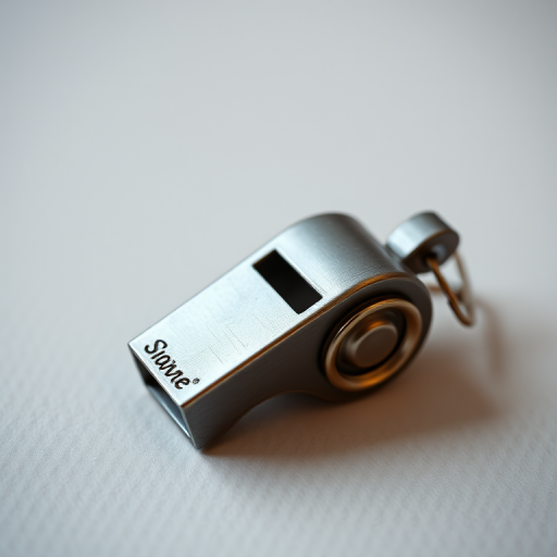 Create an image of a detailed whistle on a plain background with high contrast, taken with a DSLR camera at f/2.8 aperture, ISO 100, 50mm lens, in natural light for sharp focus and rich colors.