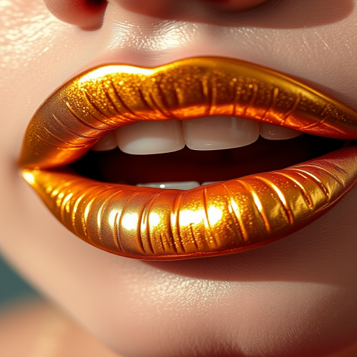 Shimmering gold metallic lip color adorns expertly lined lips, catching the light and creating a mesmerizing holographic effect, accentuating the lip's natural curves