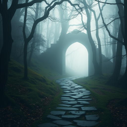 Create a mystical forest landscape with a winding stone path leading through an ancient archway, shrouded in fog and illuminated by ethereal light, shot with a DSLR camera, f/2.8 aperture, 24mm lens, and a soft-focus style for enhanced depth and richness.