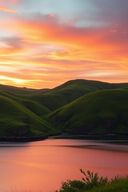 Create a high-resolution image of a serene landscape featuring lush green hills, a vibrant sunset sky with shades of orange and pink, and a calm body of water reflecting the colors above, shot with a Canon EOS R5 at f/8, ISO 100, 1/200 sec, wide-angle lens, with a soft-focus background.