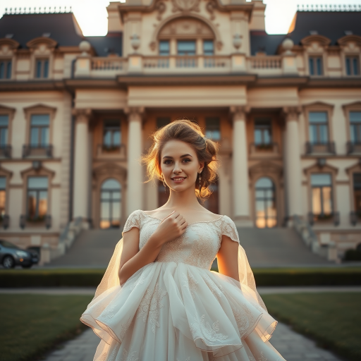 An elegant woman, dressed in a vintage gown, stands in front of a grand, historic building. The setting sun casts a warm, golden light on her