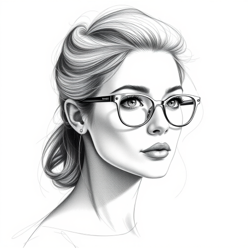Beautiful Rosamund Pike, pencil sketch, portrait of beautiful woman 60s in glasses, hair style beatnik, outline, clear lines, fine lines, 8k