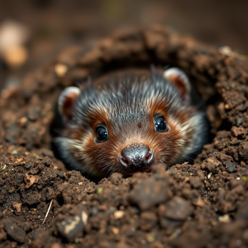 close-up of a cute mole emerging from the soil with detailed fur and expressive eyes, soft natural lighting, shallow depth of field, macro lens, f/2.8 aperture, ISO 100, 100mm lens, DSLR camera, background softly blurred to emphasize the mole