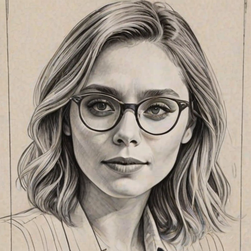 Enchanting Elizabeth Olsen, pencil sketch, portrait of Captivating woman 1935s in glasses, hair style beatnik, outline, clear lines, fine lines, 8k