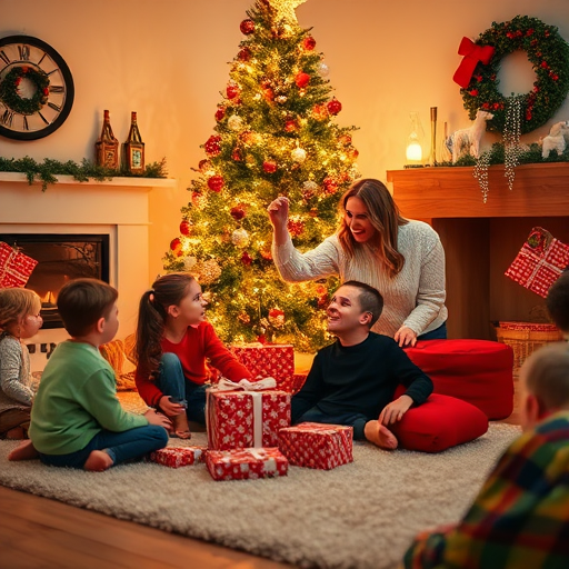 Create a cozy holiday scene featuring a family gathered around a beautifully decorated Christmas tree. Include children playing with gifts, a cheerful adult enjoying the moment, and a warm, inviting atmosphere with festive decorations and a cozy living room setting.