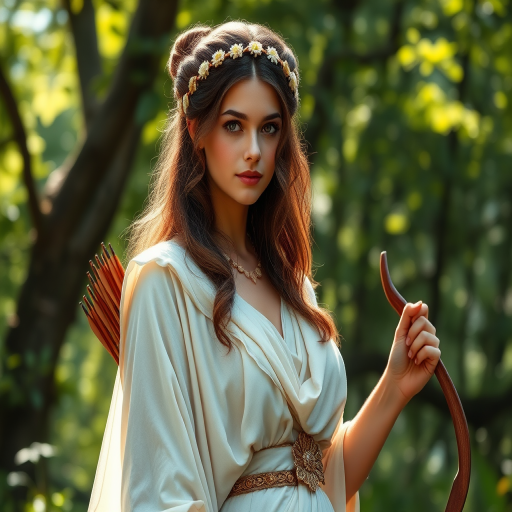 Create a portrait of a goddess-like female figure in a tranquil, forested environment. She has an elegant appearance with long, wavy hair styled in an updo and adorned with a delicate, floral headband. She wears a flowing, ancient Greek-inspired gown in a soft, pale color, featuring a one-shoulder design and draped fabric that accentuates her graceful form. The outfit includes a decorative belt with ornate gold detailing, and she holds a bow in her hand, with a quiver of arrows slung over her shoulder. The background depicts lush greenery, with sunlight filtering through the trees, casting a gentle, ethereal light on the scene. Her expression is calm and contemplative, embodying a sense of wisdom and serenity.
