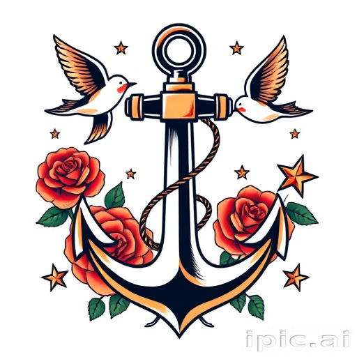 Traditional American tattoo style piece named "Sailor's Fortune" with bold outlines and bright primary colors depicting a classic anchor surrounded by roses swallows and nautical stars symbolizing hope and guidance