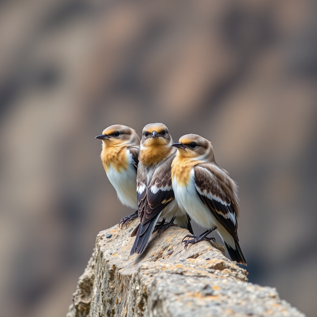 Five birds perched closely together on a rocky ledge, captured in vivid detail with a shallow depth of field, soft natural lighting, and a focal length of 85mm, aperture set to f/2.8, ISO 400, using a DSLR camera with a telephoto lens.