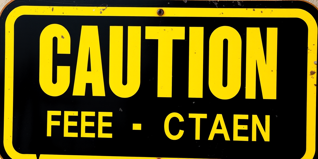 Create a high-resolution image of a caution sign with bold yellow letters on a black background, using a DSLR camera with a 50mm lens, aperture set to f/2.8, ISO 100, shot from a slight angle to enhance depth and perspective.