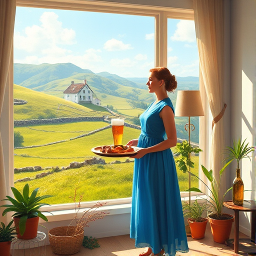 In "A Glass of Beer on the Highland," a serene scene is depicted in a sunlit room where a woman in a vibrant blue dress stands by a large window. She holds a tray with a hearty meal and a frothy glass of beer, embodying a moment of relaxation. Outside, the breathtaking highland landscape features rolling green hills and a charming traditional house, all bathed in warm afternoon light. The interior is adorned with potted plants, creating a harmonious blend of comfort and nature. The painting beautifully captures the tranquility and joy found in simple pleasures amidst stunning scenery
