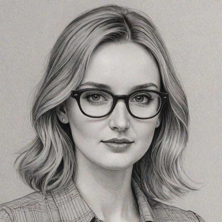 Exquisite Laura Carmichael, pencil sketch, portrait of Lovely woman 1973s in glasses, hair style beatnik, outline, clear lines, fine lines, 8k