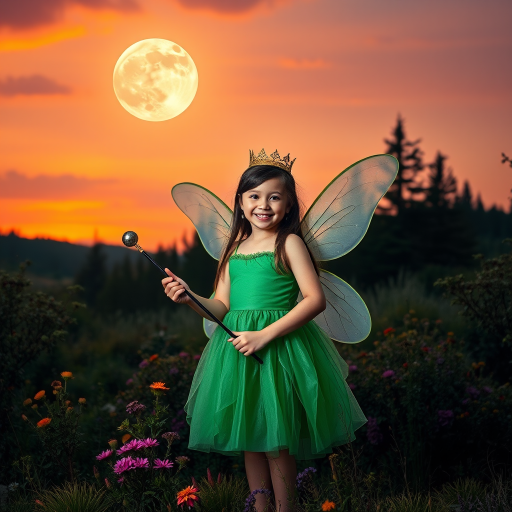 A vivid photo  taken under a bright camera flash of a fantastical scene set against a backdrop of a forest during sunset. The main subject is a girl dressed as a fairy, adorned with translucent wings and a green dress, holding a wand, her face is happy, and she wears a crown on her head. The forest behind her is a blend of flowers, shrubs and trees. The sky is painted in hues of orange and pink, with a large, glowing moon casting a warm glow over the scene. The overall color palette is dominated by earthy tones.