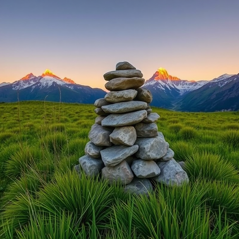 Generate an image of a serene stone cairn surrounded by lush grass with majestic snow-capped mountains in the background during golden hour, camera settings: f/8, ISO 100, shutter speed 1/250s, camera view: wide-angle, camera style: HDR, camera type: DSLR.