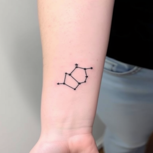 Minimalist black line tattoo depicting a delicate constellation map of Ursa Major on the forearm, with tiny stars connected by thin, precise lines and subtle shading