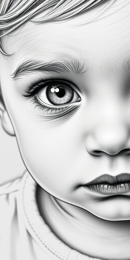 A hyperdetailed photorealistic black and white sketch of a beautiful toddler with deep white eyes, with a macro focus